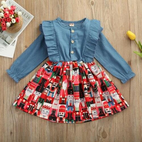 Toddler Girls Baby Dress Long Sleeve Ruffle Print Sweet Princess Party Denim Dresses Kids Clothes 0-4T