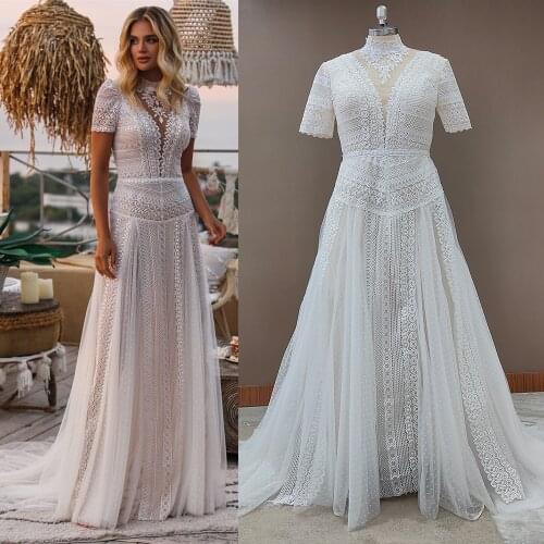 Real Photos Bohemian Short Sleeves 2021 Wedding Dress Hollow Out Lace Boho Beach Bridal Gowns Maxi Large Sizes Custom Made 10147