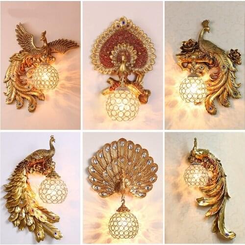 Retro Luxury Gold LED Wall Lamps Living Room Decor Peacock Crystal Lampshade Wall Light Bedroom Bedside Kitchen Wall Sconce Lamp