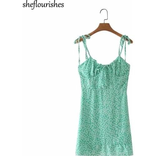 Sexy v neck dress kawaii floral dresses women spaghetti strap dress korean fashion mini dresses backless bow tie cami dress 2021