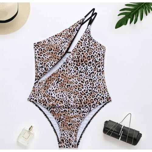 Sexy High Cut Out One Piece Swimsuit One Shoulder High Waisted Bathing Suit Women Monokini Leopard Swimwear Swimming Bodysuit