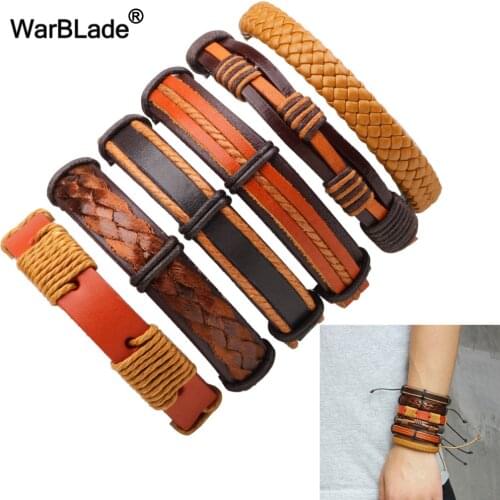 WarBLade Vintage Men Genuine Leather Bracelets Multilayer Braid Bracelet Bangle Male Punk Wrap Wristband Women Jewelry 6pcs/Set