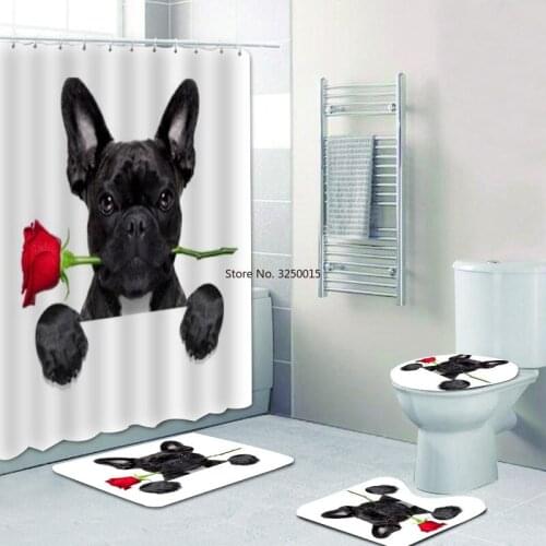 Novelty Funny Gift Anatomy of French Bulldog Shower Curtain Cute Dog Bathroom Curtain Set with Toilet Mat Rug Carpet Pet Puppy