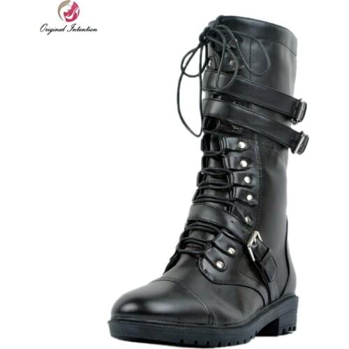 Original Intention Stylish Women Mid-Calf Boots Popular Round Toe Square Heels Winter Boots Black Shoes Woman Plus US Size 4-15
