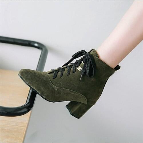 YMECHIC 2018 Winter Ladies Shoe Retro Fashion Red Green Brown Block High Heels Lace Up Cross Tied Ankle Riding Motorcycle Boots