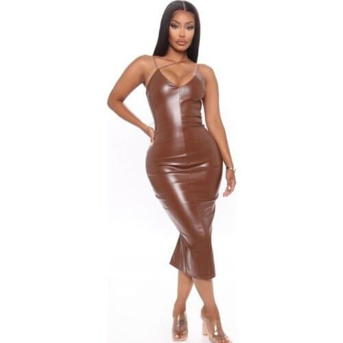 PU Leather Dresses Women Spaghetti Strap Sleeveless Stretch Skinny Dress 2021 Fashion New Sexy Nightclub Leather Dress Vestidos