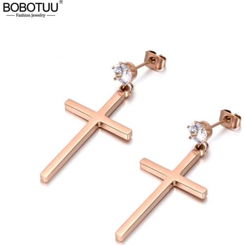 BOBOTUU Crystal Corss Earrings Stainless Steel Rhinestone Drop Earrings Fashion Jewelry For Women Pendientes Mujer Moda BE18045