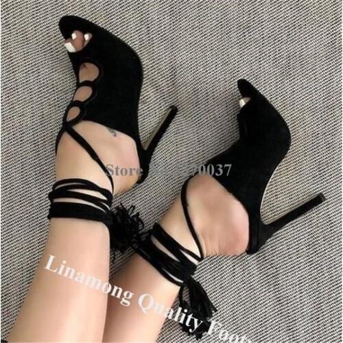 Linamong Women Suede Leather Cut-out Stiletto Heel Gladiator Sandals Ankle Straps Black Peep Toe High Heel Sandals Big Size