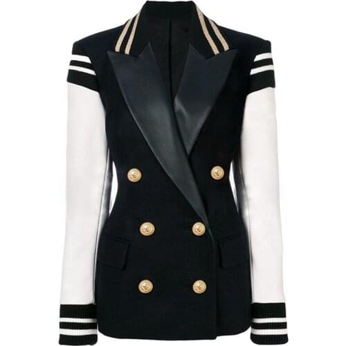Women Coat Spring 2021 Threaded Sleeve Splice Double Breasted Metal Lion Button Long Sleeve Leather Suit Jacket Female Blazer