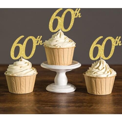 Gold/Silver/Black Glitter Sixty Birthday Cupcake Toppers,60th Birthday Party Decoration Favors Cake Decorations Food Picks