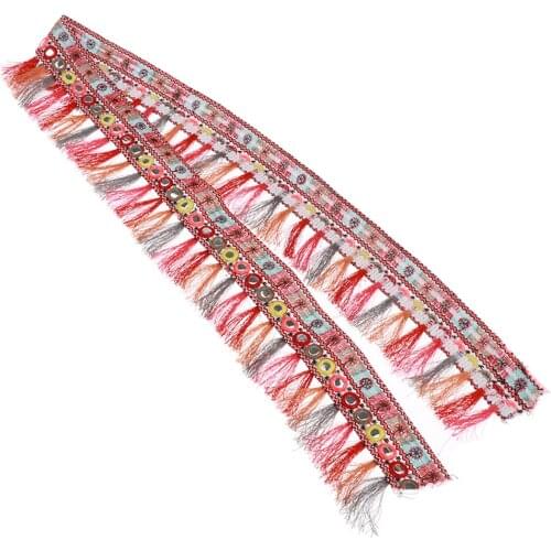 1 Yard Ethnic Jacquard Trim with Ribbon Tassel Fringe DIY Craft Supplies Red