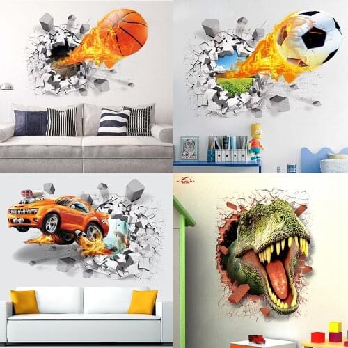 50*70CM basketball fire football car broken wall creative 3D green wall stickers home DIY decorative wall stickers paper