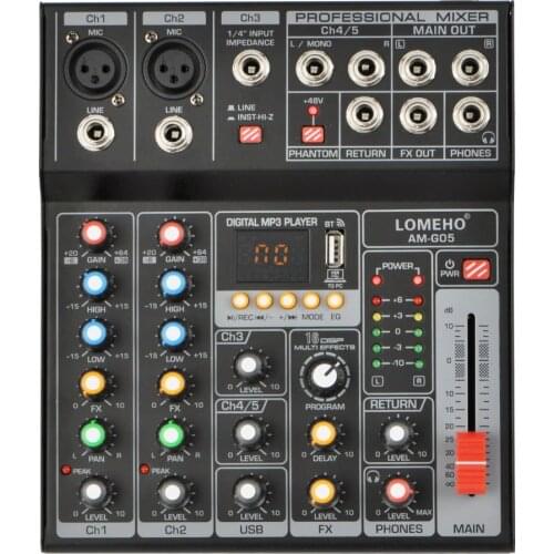 AM-G05 Bluetooth USB Record PC Playback Record 4 Channels Guitar Input 2 Mono 1 Stereo Professional USB Audio Mixer