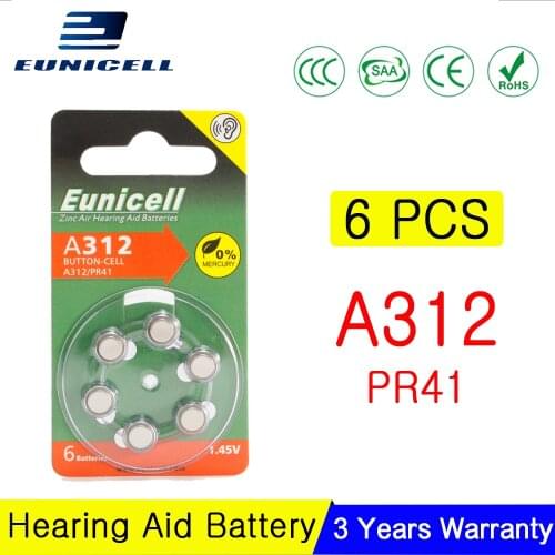 6PCS 1.45V Zinc Air Hearing Aid Batteries A312 312A ZA312 312 PR41 S312 Cell Coin Button Battery Ear Care for BTE Hearing Aids