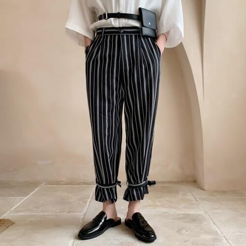 Summer Mens Ankle-Length Straight Wide Leg Pants Loose Striped Casual Boys Hairstylist Pant Stylish With Strap Trousers C56