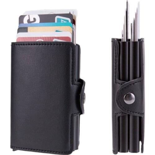 RFID Business Card Wallet Double Aluminium Box PU Leather Automatic Pop Up Antimagnetic Metal Wallet Credit ID Card Holder