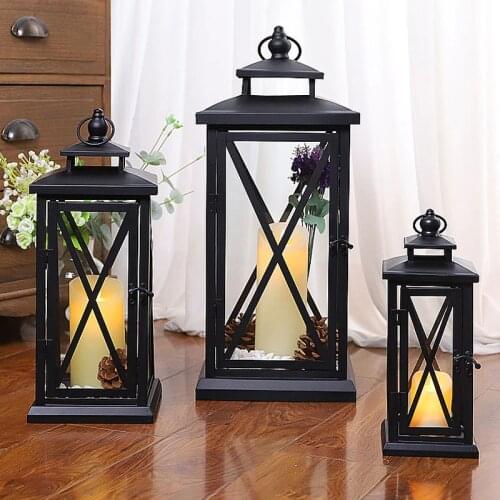 European Black metal candle holders glass portable lamp retro candlestick Outdoor garden floor horse light Wedding home decor