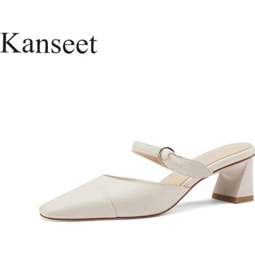 Kanseet 2021 New Women Shoes Fashion Design Sandals Summer Autumn Genuine Leather Mules Handmade Square Toes Mid Heels Slippe
