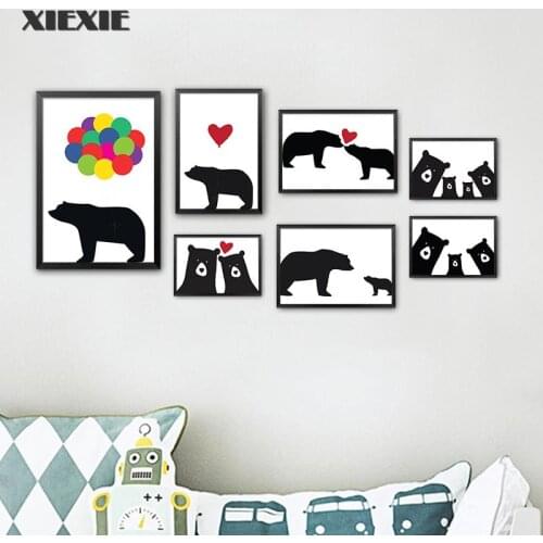 Cute Bear Family Animal Canvas Painting Black White Cartoon Poster Print Nordic Wall Picture Art Nursery Kids Room Home Decor