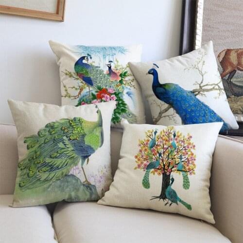 Beautiful Green And Blue Peacocks Pattern Linen Cotton Throw Pillow Case Home Sofa Car Decorative Cushion Cover 45x45cm