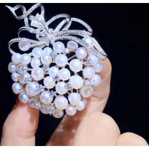 Natural fresh water pearl brooch 925 sterling silver with cubic zircon bowknot fine women jewelry free shipping
