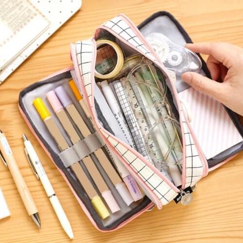 Large Capacity Pencil Bag Multi Compartments Canvas Multi Pen Slots Mesh Pocket Stationery Box Makeup Bag