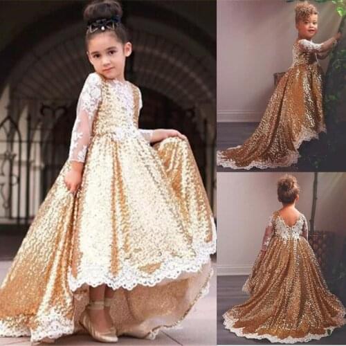 Gold Sequined Flower Girl Dresses For Wedding Lace Long Sleeves High Low Toddler Pageant Gowns Appliqued Ball Gown