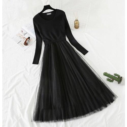 Casual 0-Neck Knitted Dress 2021 Autumn French Vintage Black Mesh Patchwork Sweater Dresses Women Elegant Long Dress