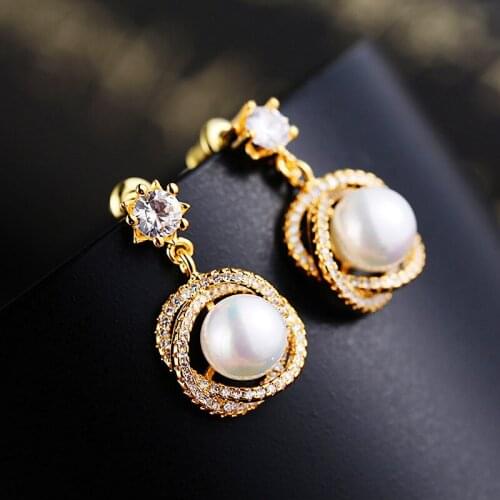 Luxury Gold Color Color Wedding Earrings Cute Female Small White Zircon Drop Earrings Fashion Round Pearl Earrings For Women