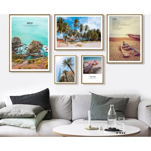 Nordic Scenery Summer Beach Ocean Plant Tree House Bridge Wooden Boat Canvas Painting Wall Picture Poster Living Room Decoration