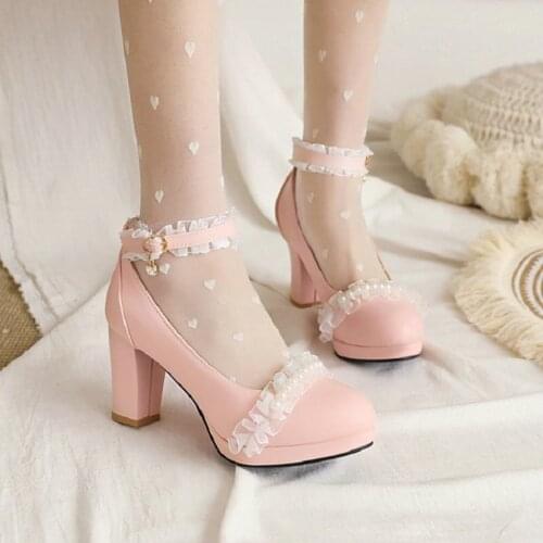 ZawsThia PU Round Toe Lace Ruffles Pearl Lolita Style Platform Block High Heels Princess Sweet Mary Janes Shoes For Women Pumps