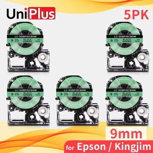 UniPlus 5PK 9mm Label Tape Compatible Epson Kingjim SC9GW Black on Green Printer Ribbon Label Cassette for Epson LW-Z710 LW-500