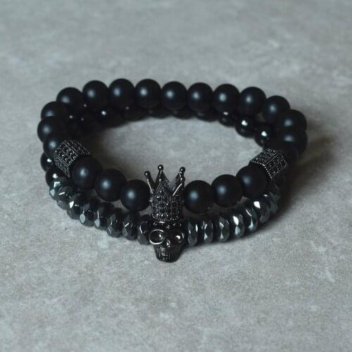 VOQ Matte Stone Beads Skull Bracelet Set Crown Men Accessories Erkek Bileklik Jewelry Mens Bracelets For Women Pulseras Mujer