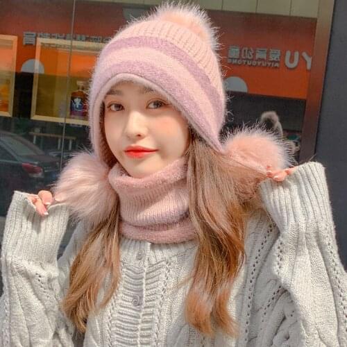 Knitted Beanie Hats Plush Thick Warm Windproof Skullies Caps Women Autumn WInter Street Casual Hat With Scarf Ring 6 Colors