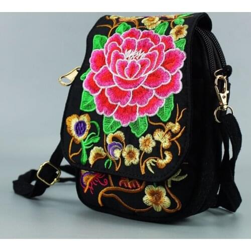 Embroidered Mobile Phone Bag Women Shoulder Bag Travel Pouch Vintage Floral Embroidered Crossbody Zip Bag