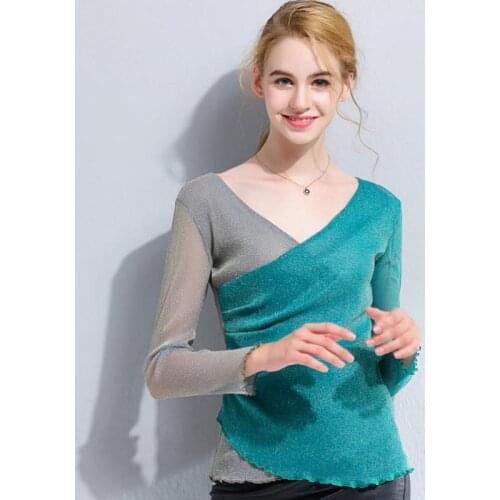 Spring Fall Fashion Women Ruffles Patchwork V Neck Full Sleeve Mesh Stretch T Shirt , Casual Female Sexy Elastic Slim Tee Shirts