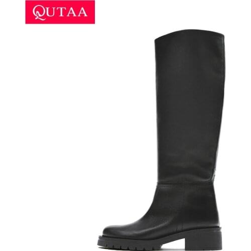 QUTAA ZA Fashion Full Cow Leather Women Knee High Boots Warm med Heels INS Square heel Motorcycle Boots Winter Lady Shoes 34-42
