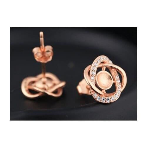 Sterling Silver 925 Rose Gold Color Crystal Women Stud Earrings Semi Mount For 5-6mm Pearl Round Bead DIY Stone