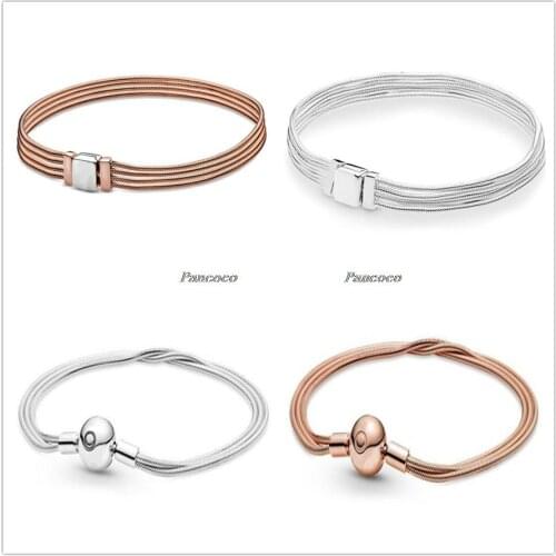 Authentic 925 Sterling Silver Bracelet Reflexions Rose Multi Snake Chain Bracelet Bangle Fit Women Bead Charm Fashion Jewelry