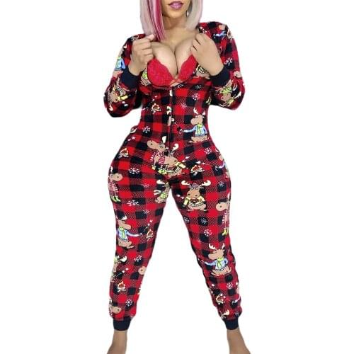 Long Sleeve V-Neck Jumpsuits Women Pajamas Nightwear Christmas Deer Print Zip Up Slim Romper Female Sleepwear Fall Winter S-2XL