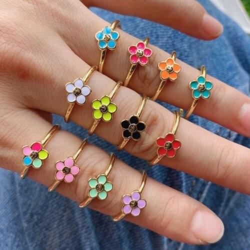 10PCS, Trendy New Flower Rings For Women Gold Color Enamel Flowers Smiley Face RingsGirl Jewelry Gift