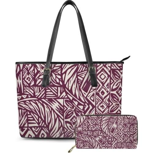 Print on Demand Polynesian Traditional Tribal Printed Women Handbags PU leather Top Handle Satchel Purse Shoulder Bag Set 2pcs