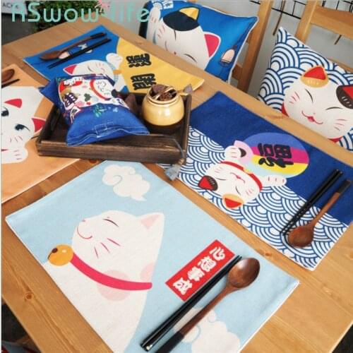 30*40cm Japanese Style Lucky Cat Cartoon Tableware Pad Cotton Linen Square Insulation Table Mat Anti-hot Waterproof Placemat