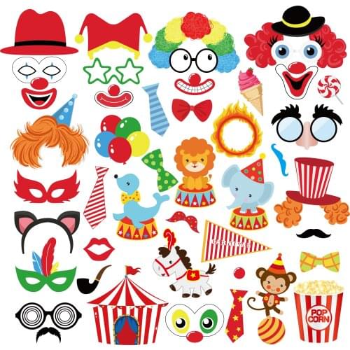 44pcs Carnival Party Decoration Clown Circus Theme Photobooth Props Kids Birthday Party Photo Props Party Supplies PZ158