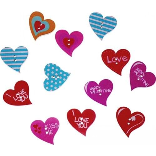 Free shipping 50pcs Random Mixed 2 Holes Pattern Cartoons Heart Wood Sewing Buttons Scrapbooking 20x19mm F0941