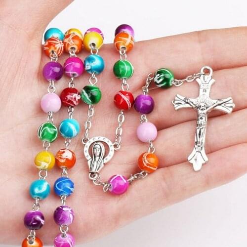 6pcs Trendy 8mm Colorful Acrylic Beads Catholic Rosary Cross Pendant Necklace Statement Religious Jesus Pray Necklace Women Men