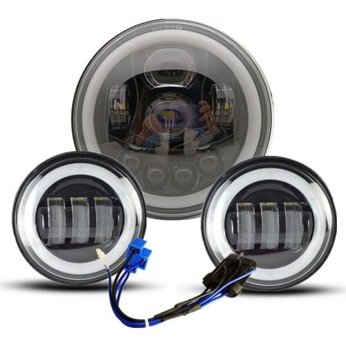 60W Angel Eyes 7inch LED Headlight + White Halo 4.5inch Fog Lights For Motorcycle Touring Electra Glide Road King Street Glide