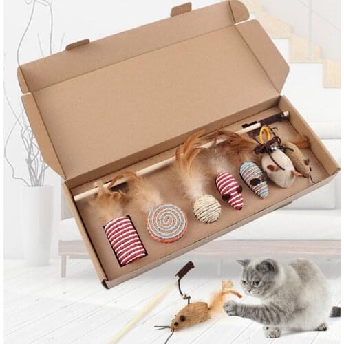 7pcs/Set Cat Interactive Toy Stick Feather Wood Rod Mouse Toy With Mini Bell Pet Training Toy Supplies