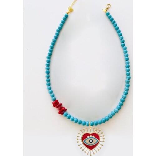 Free Shipping enamel evil eye pendant red coral bead Smooth Natural Stone Blue Turquoises Round necklaces for women boho jewelry
