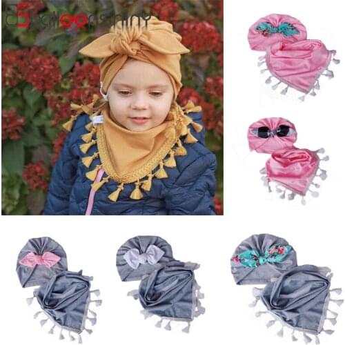 BalleenShiny Winter Childs Hat and Scarf for Baby Tire Cap Ear Cap Bib Triangle Scarf KID Two-piece Suit 6colors Soft Cotton